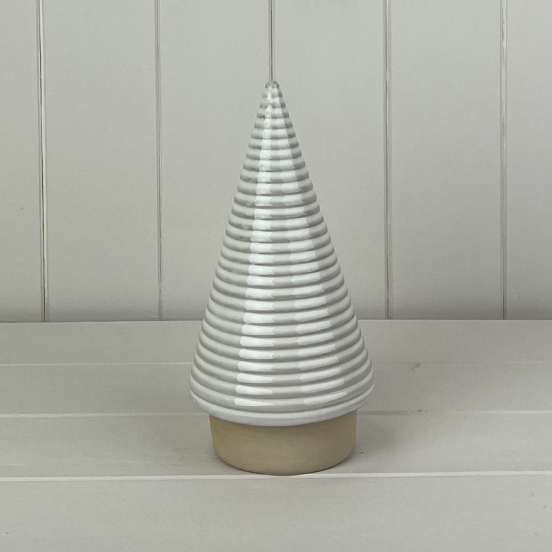 White Ribbed Ceramic Tree Ornament with Cream Base detail page